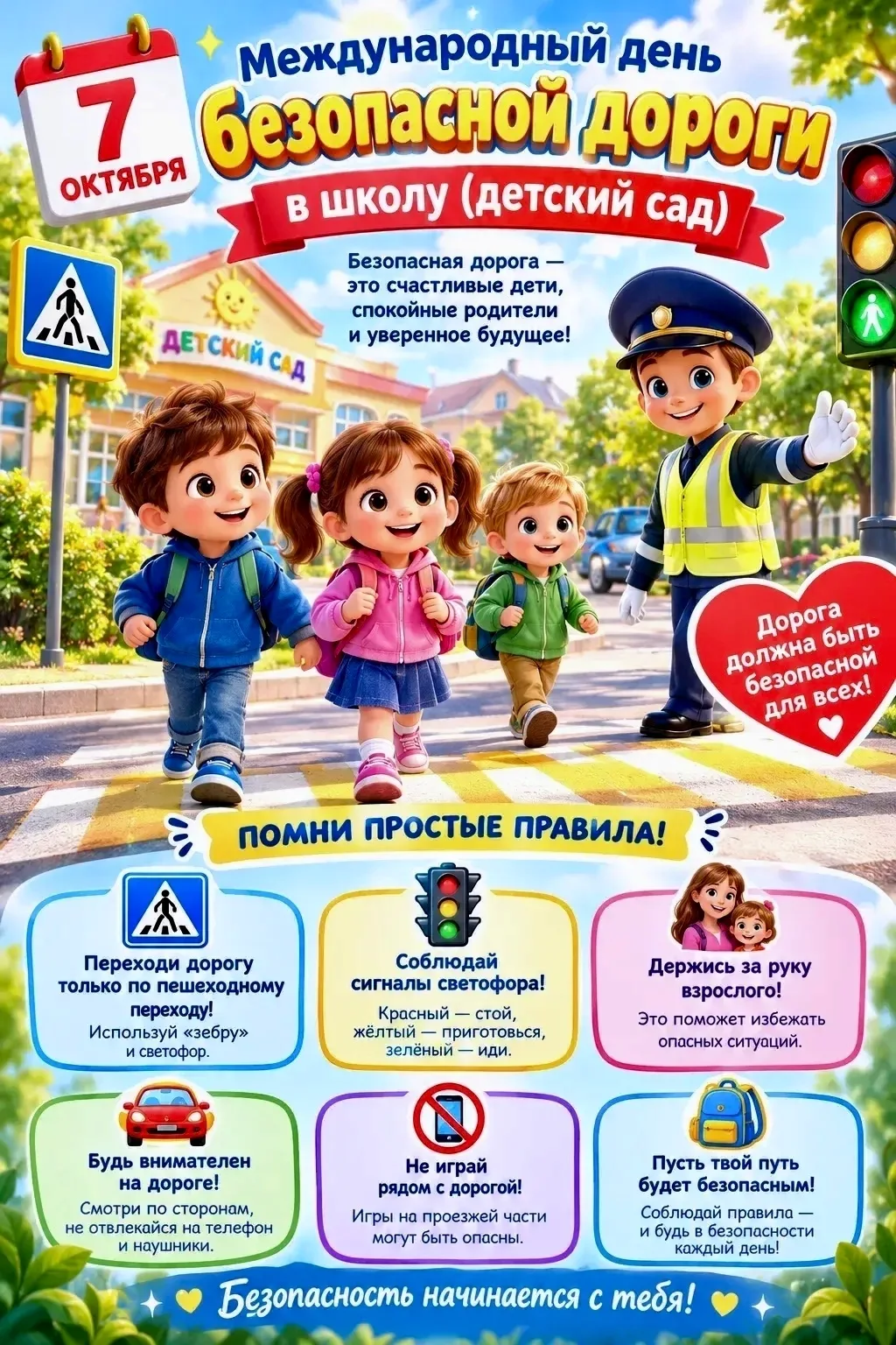 🚦 7 октября — Международный день безопасной дороги в школу и детский сад! 💛
