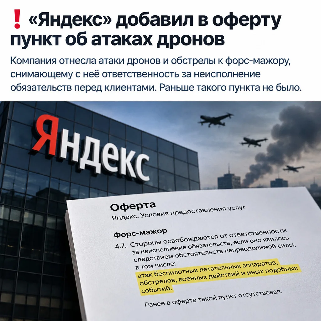 ❗️«Яндекс» добавил в оферту пункт об атаках дронов