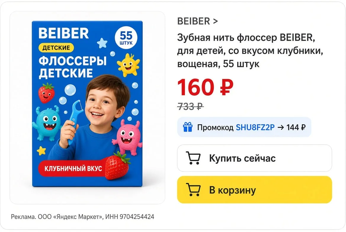 Зубная нить флоссер BEIBER, для детей, со вкусом клубники, вощеная, 55 штук