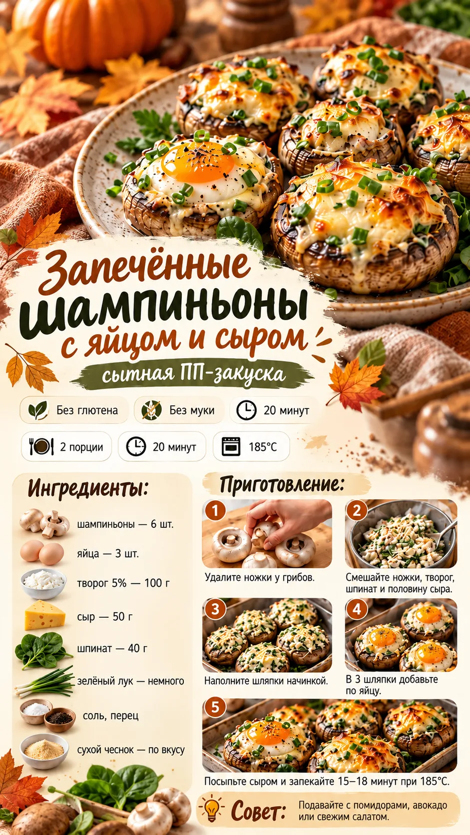 🍂 Запечённые шампиньоны с яйцом и сыром