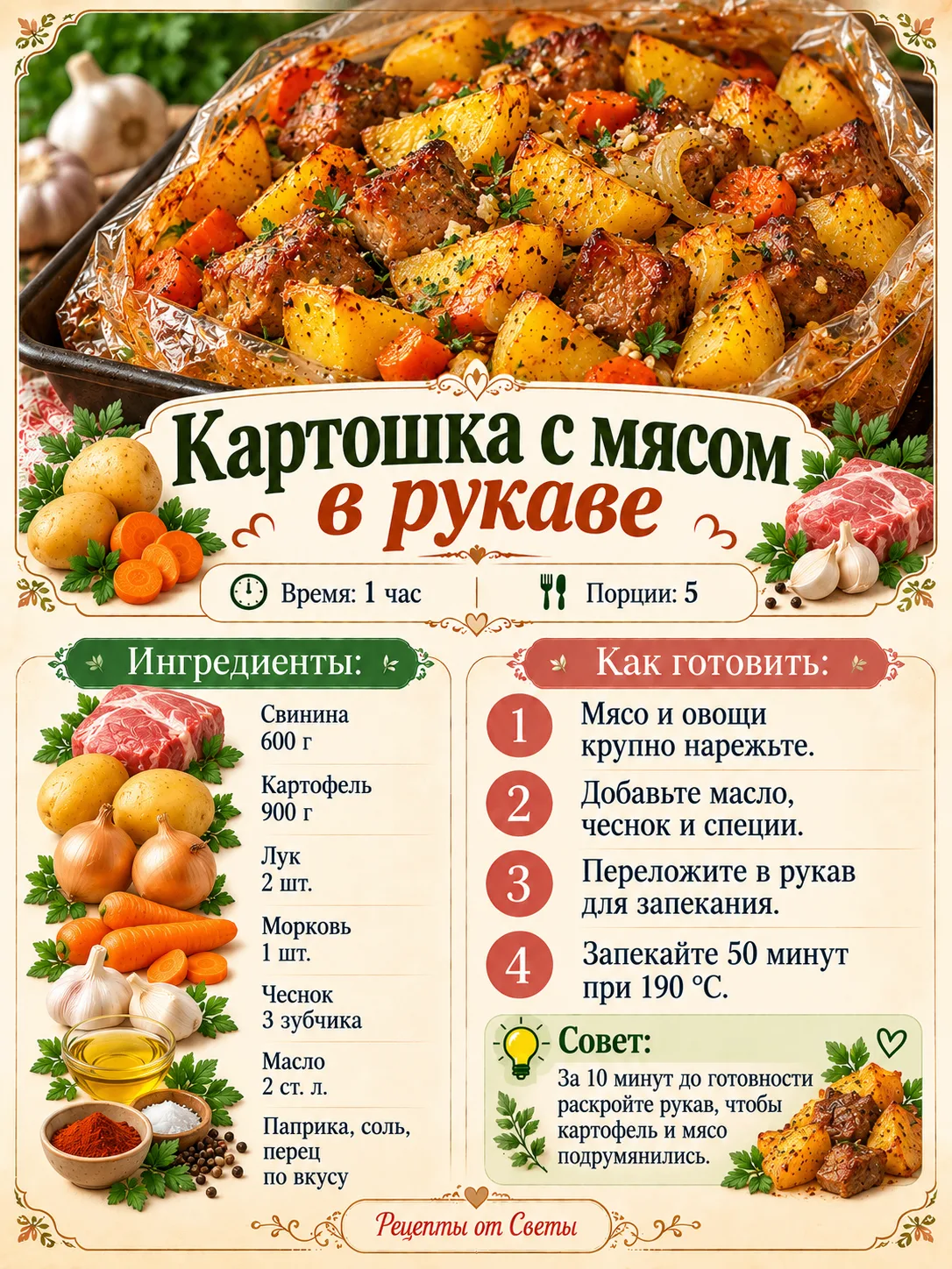 🥔 Картошечка с мясом в рукаве: всё сложили, отправили в духовку и занялись своими делами!