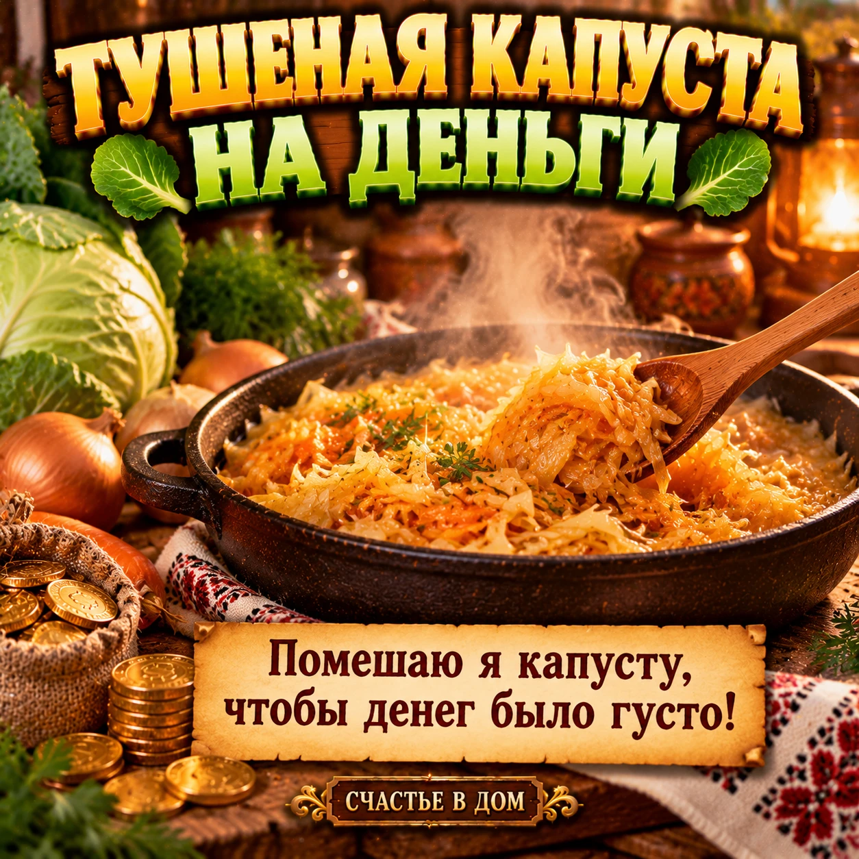 Когда капусту тушите, перемешивая - говорите: "Помешаю я капусту, чтобы денег было густ...