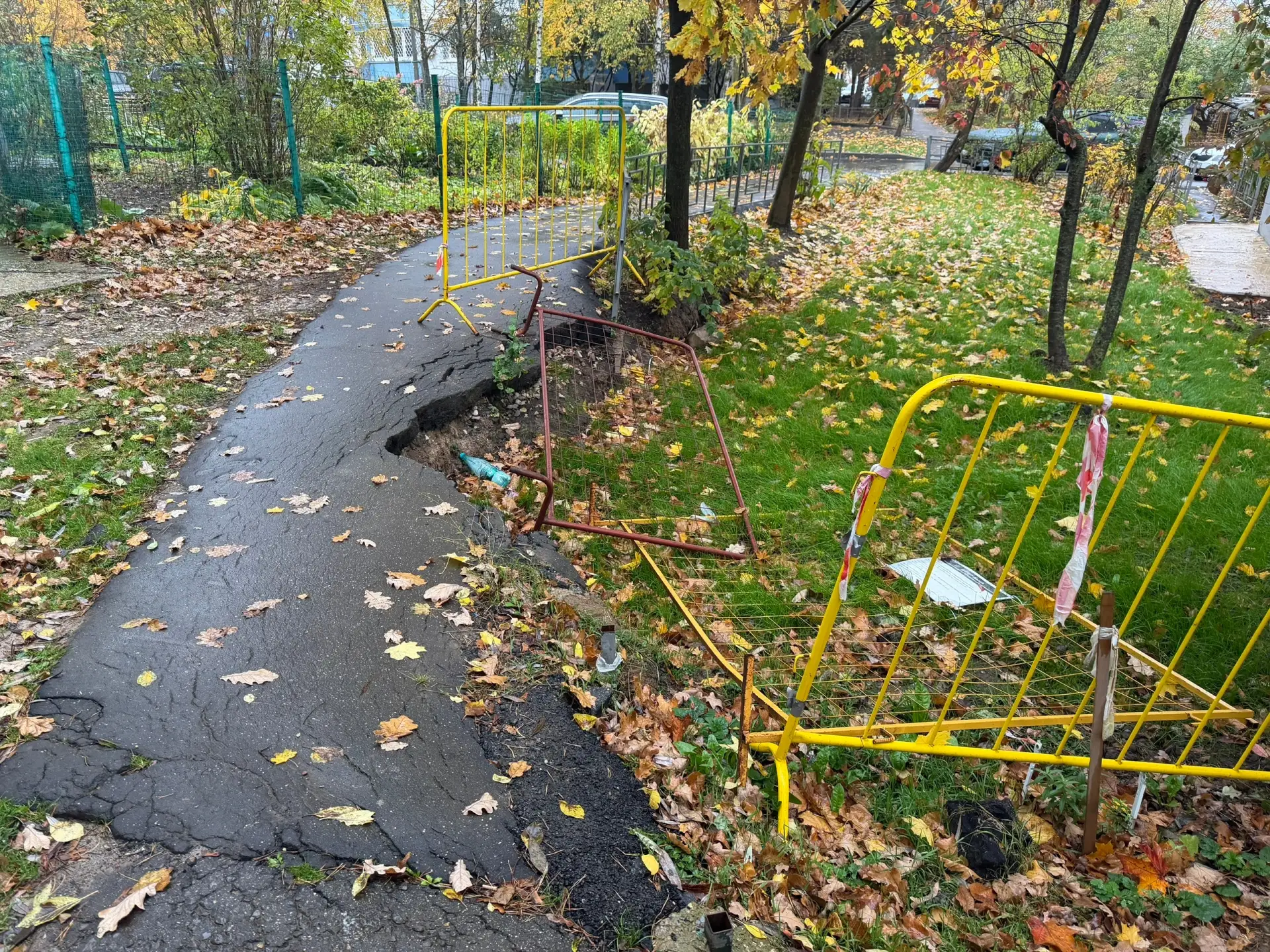 Прошу принять меры по устранению повреждения дорожного покрытия (провал, трещины)на пеш...