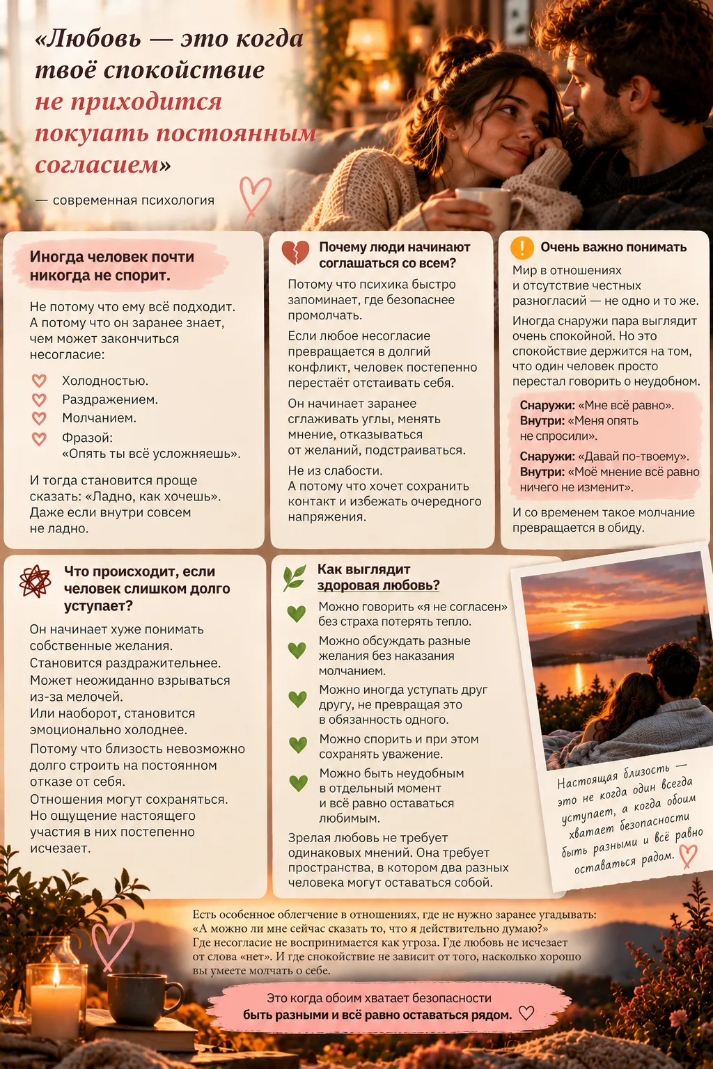 ✨ «Любовь — это когда твоё спокойствие не приходится покупать постоянным согласием»