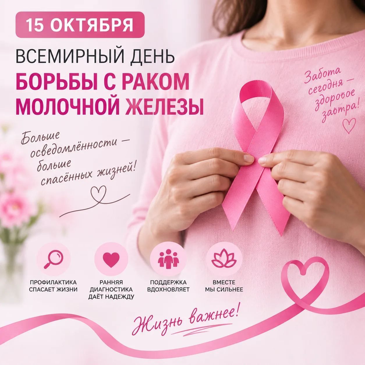 🎗 15 октября — Всемирный день борьбы с раком молочной железы. Символ этого дня – розов...