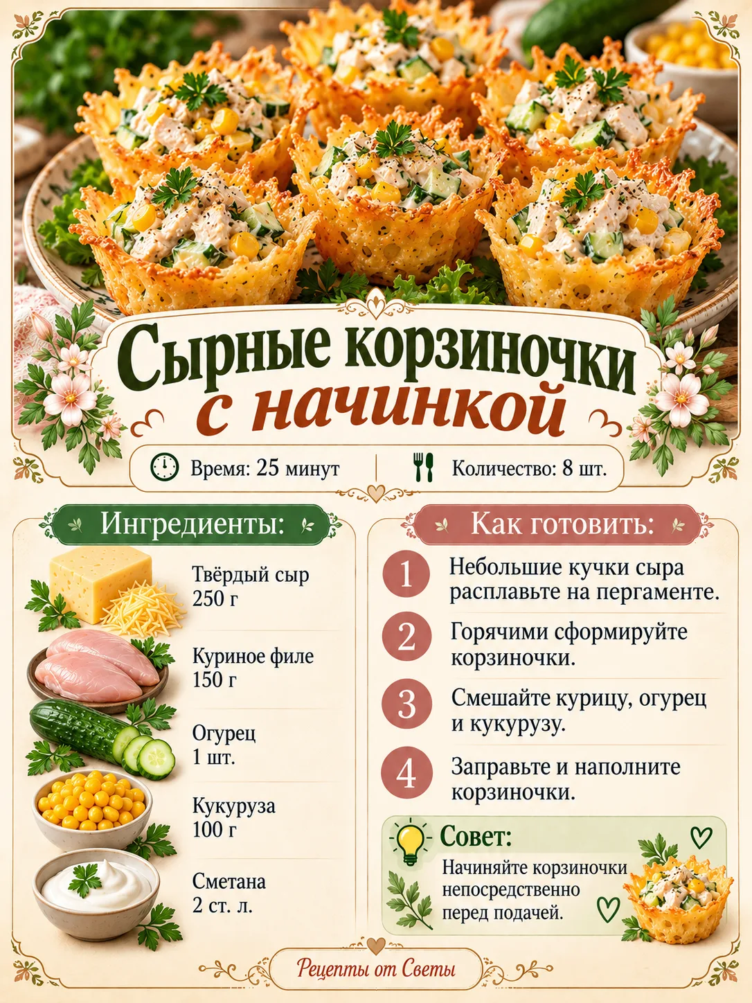 🧀 Эти корзиночки съедают вместе с начинкой: красиво подали, вкусно похрустели!