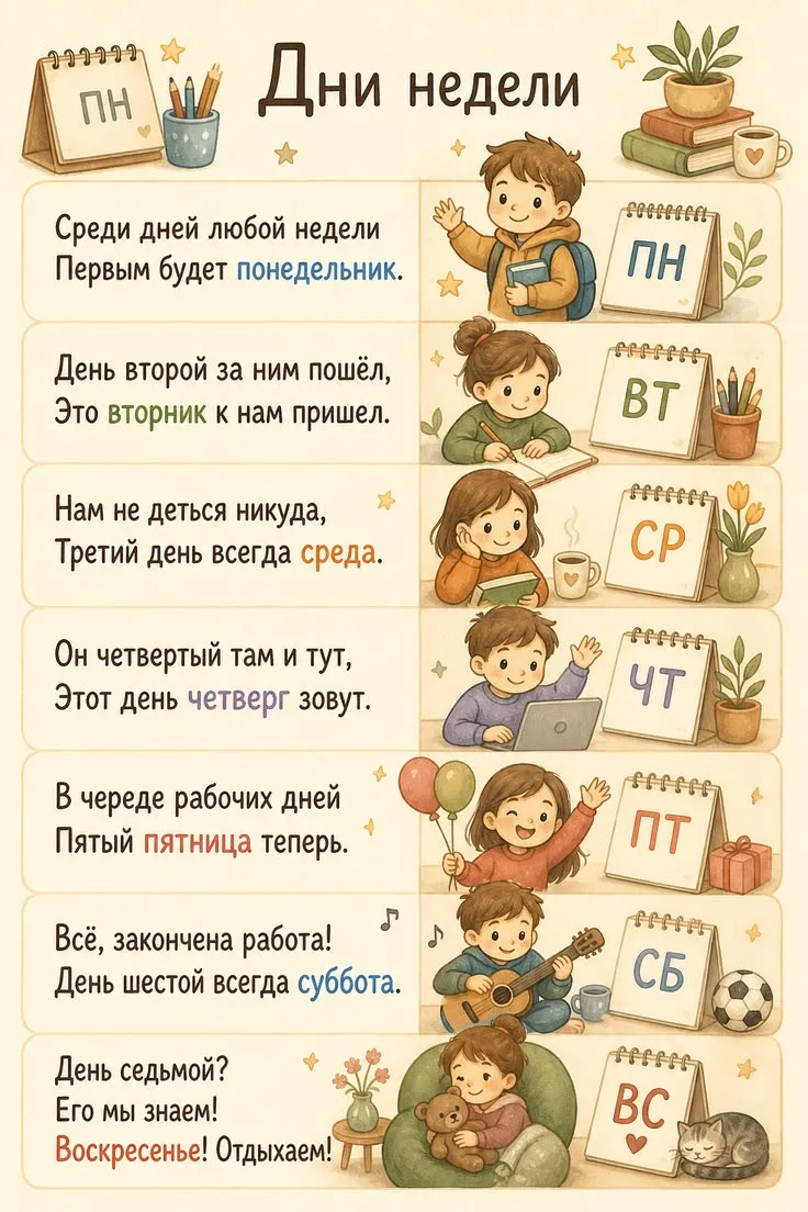 💢Учим с детьми дни недели!