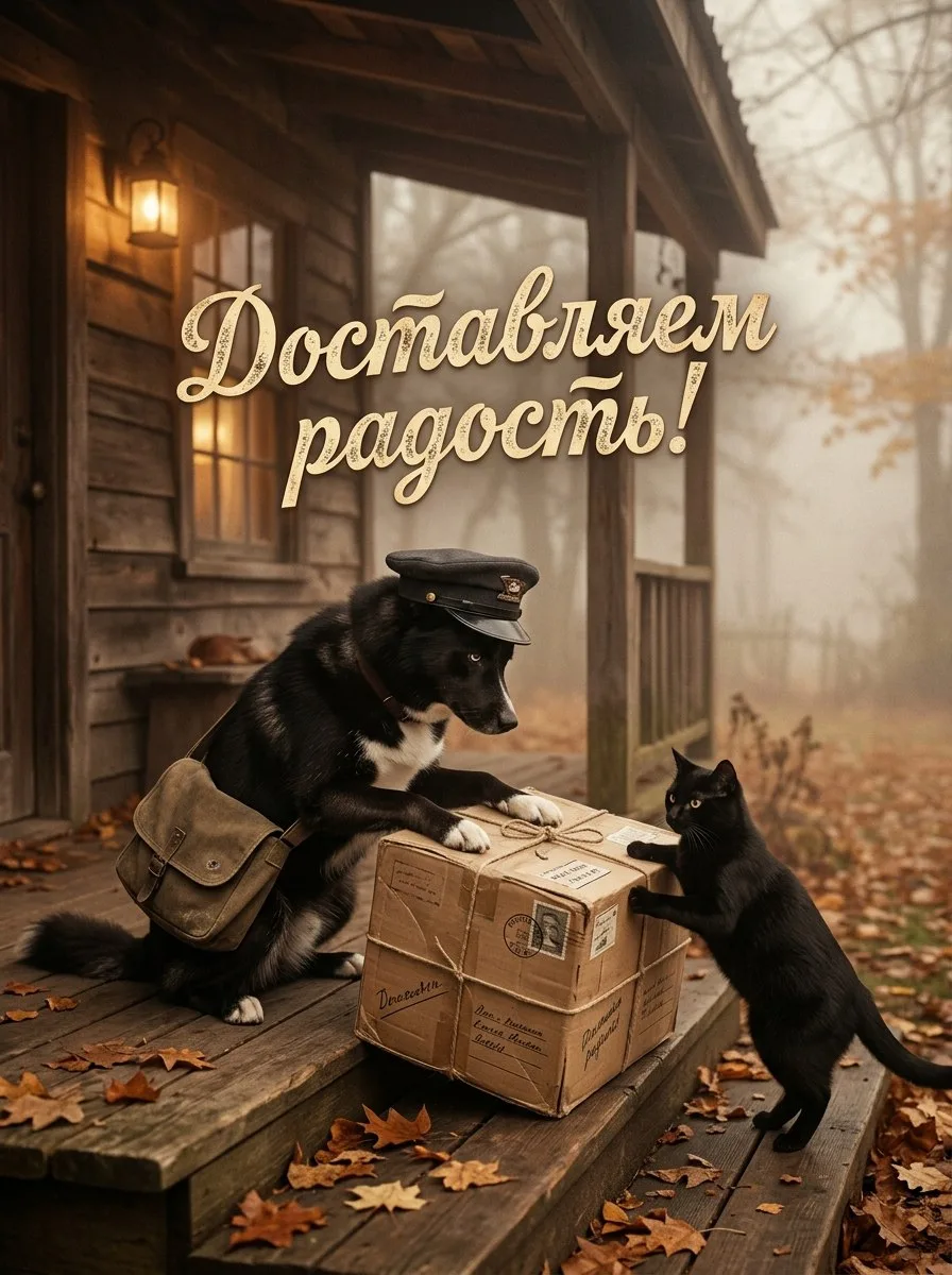 Доставляем радость! Пёс-почтальон в фуражке и его верный кот-помощник несут большую пос...