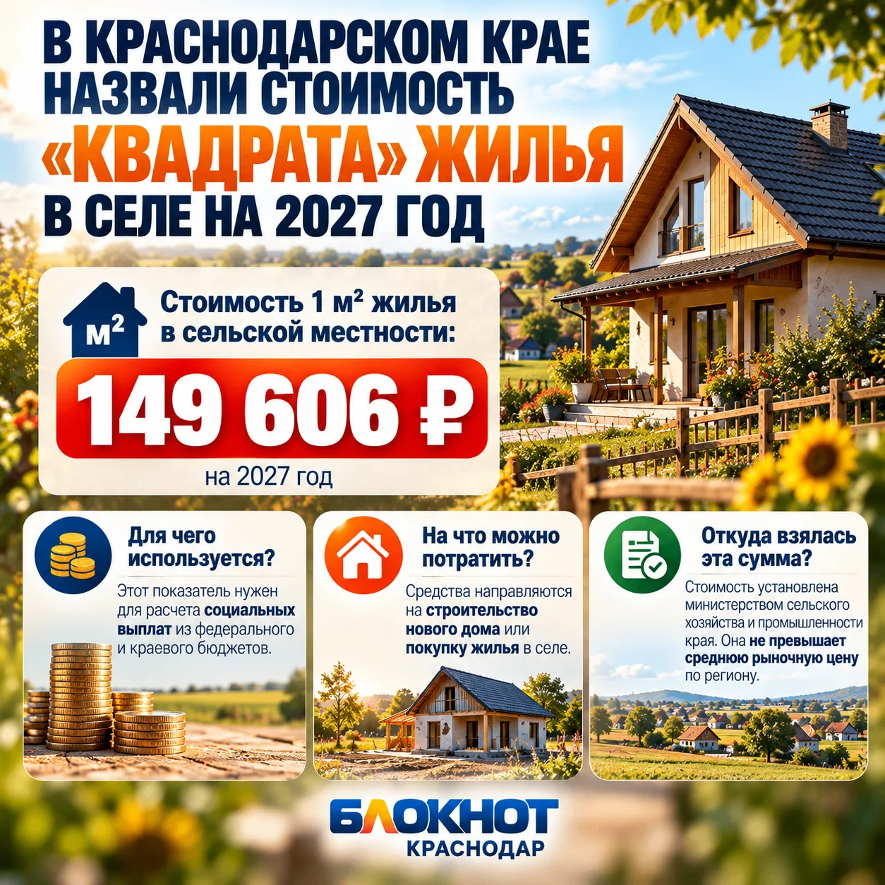 В Краснодарском крае определили расчетную стоимость «квадрата» жилья в сельской местнос...
