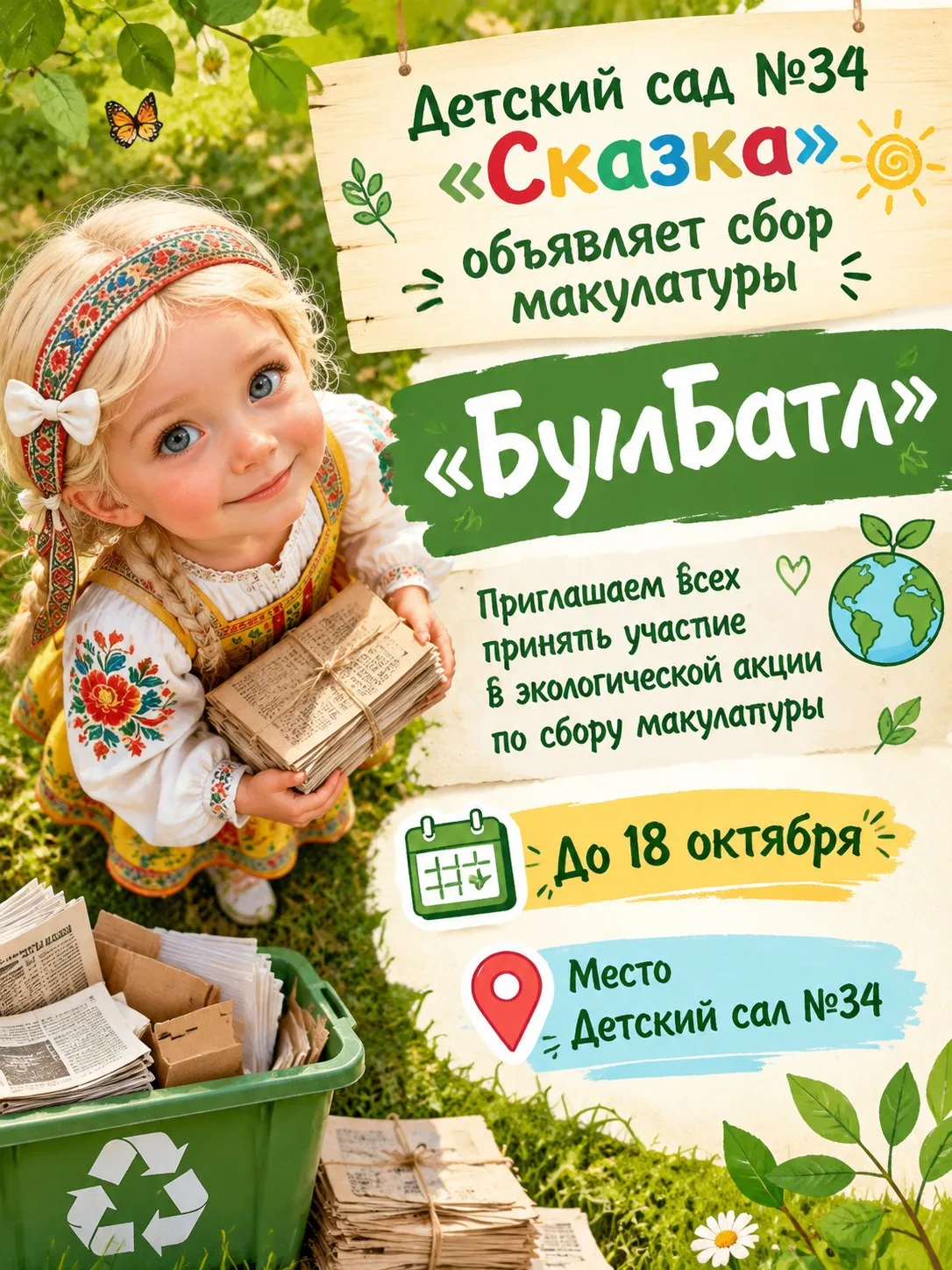 Дорогие друзья, приглашаем принять участие в экологической акции по сбору макулатуры "Б...