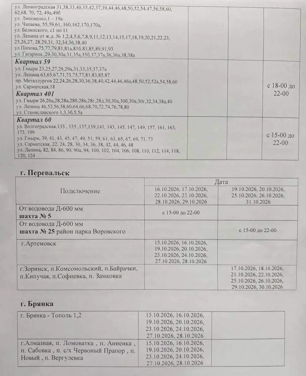 🚰 В Алчевске, Брянке и Перевальском районе вводят новые графики подачи воды