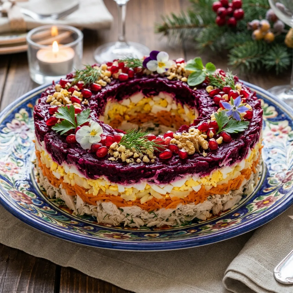 СЛОЁНЫЙ САЛАТ «ГРАНАТОВЫЙ БРАСЛЕТ» С КУРИЦЕЙ И СВЁКЛОЙ 🥗🍎