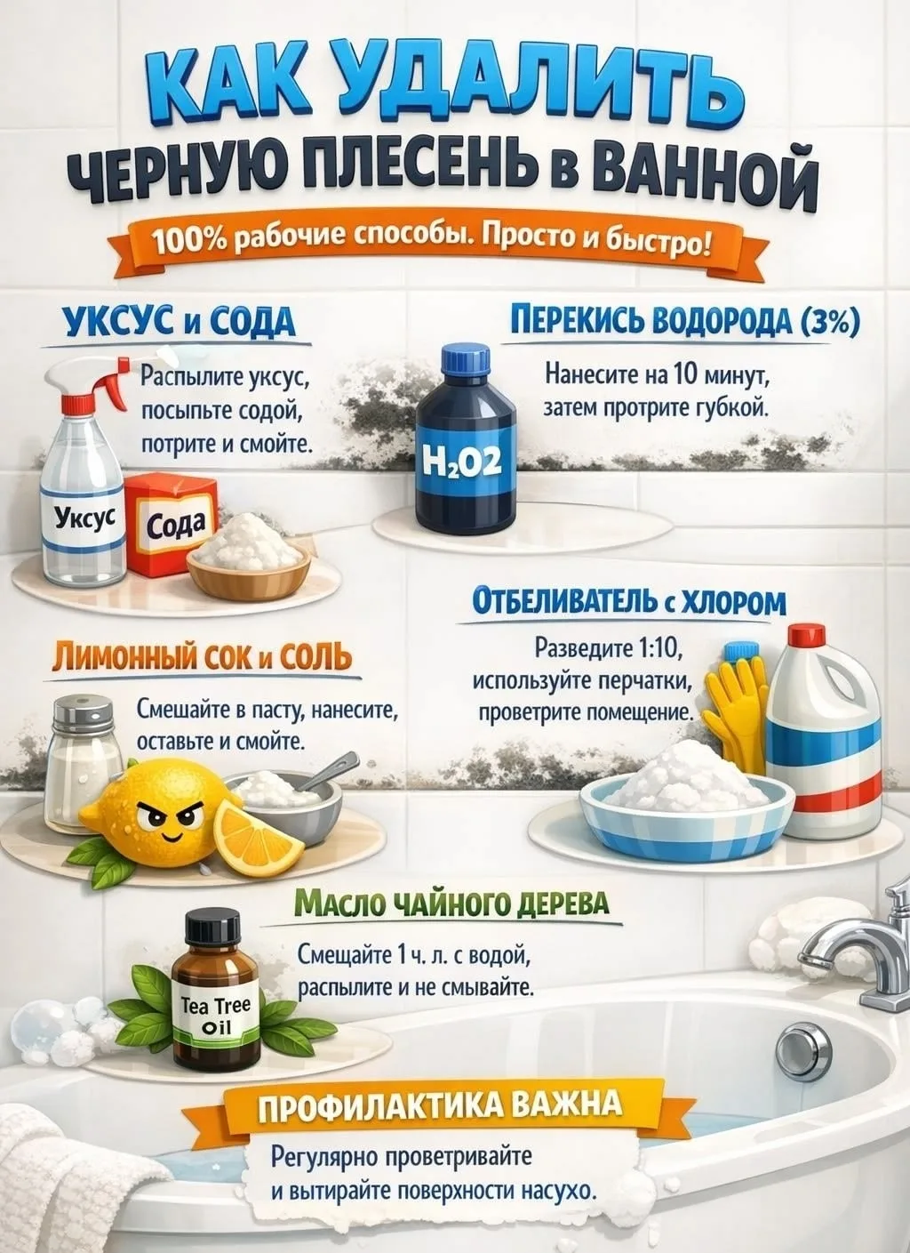 Как удалить черную плесень в ванной