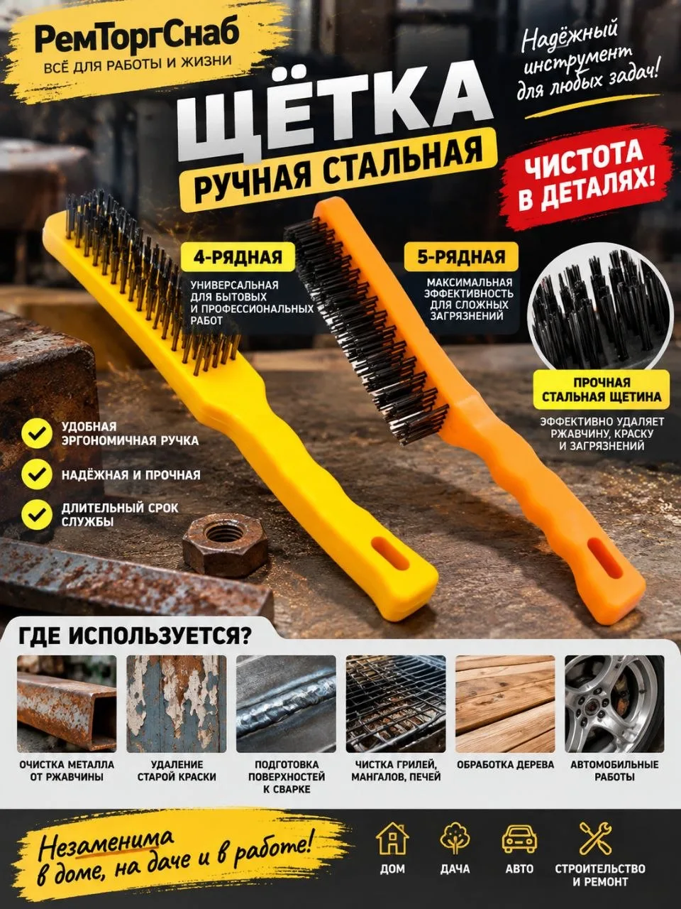 Пластик в руке держится уверенно, щетина стальная злая — ржавчину и старый лак сдирает ...