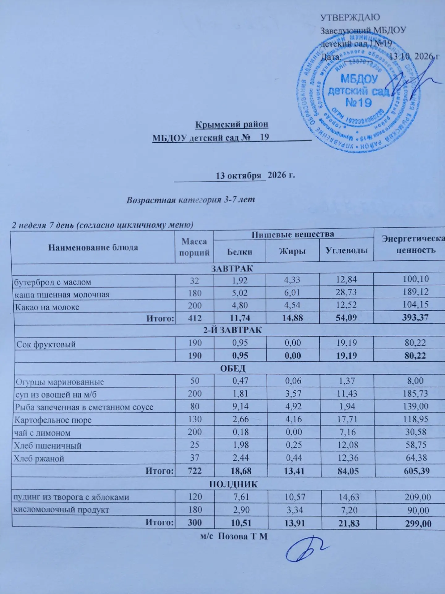 Меню на 13 октября 2026г.🥒🥔