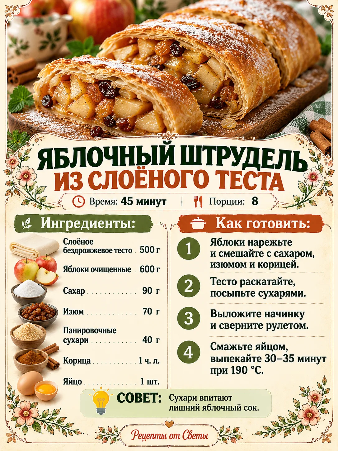 🍎 Яблочный штрудель из слоёного теста, с румяной корочкой и ароматом корицы, который с...