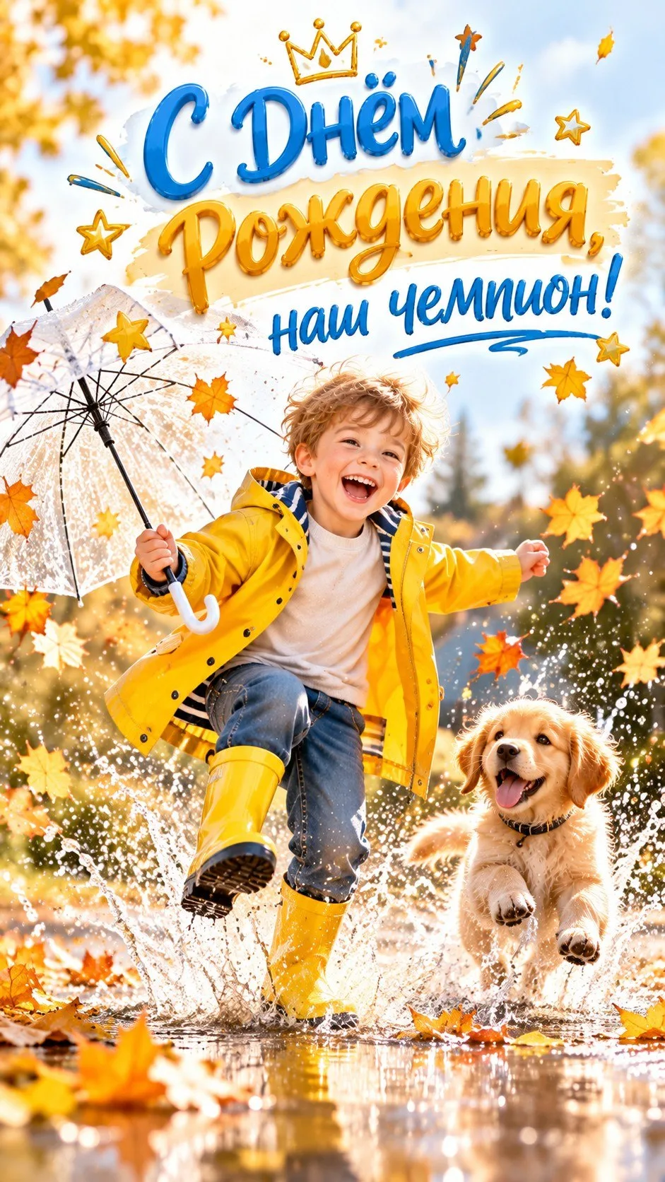 С Днём Рождения, наш чемпион! Этот мальчик в жёлтом дождевике и его верный пёс уже мчат...