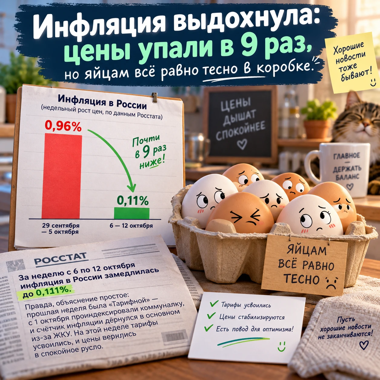 📉 Инфляция выдохнула: цены упали в 9 раз, но яйцам всё равно тесно в коробке.