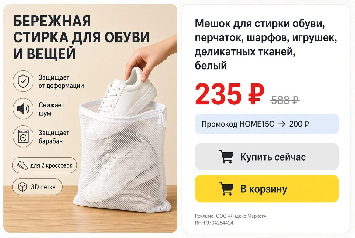 Мешок для стирки обуви, перчаток, шарфов, игрушек, деликатных тканей, белый