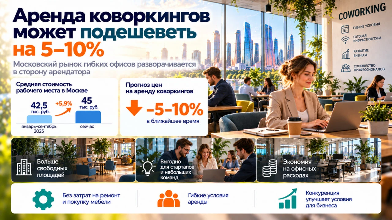 Аренда коворкингов может подешеветь на 5–10%, вангуют эксперты. После нескольких лет ро...