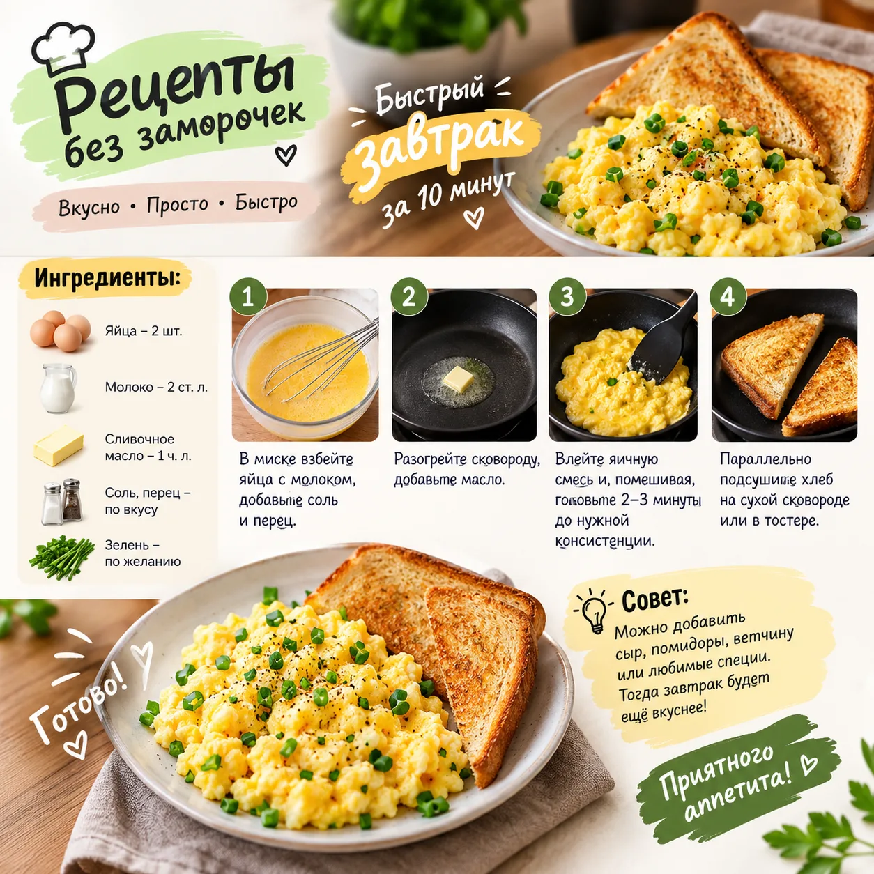 🍳 Завтрак — нежная яичница-болтунья с тостами
