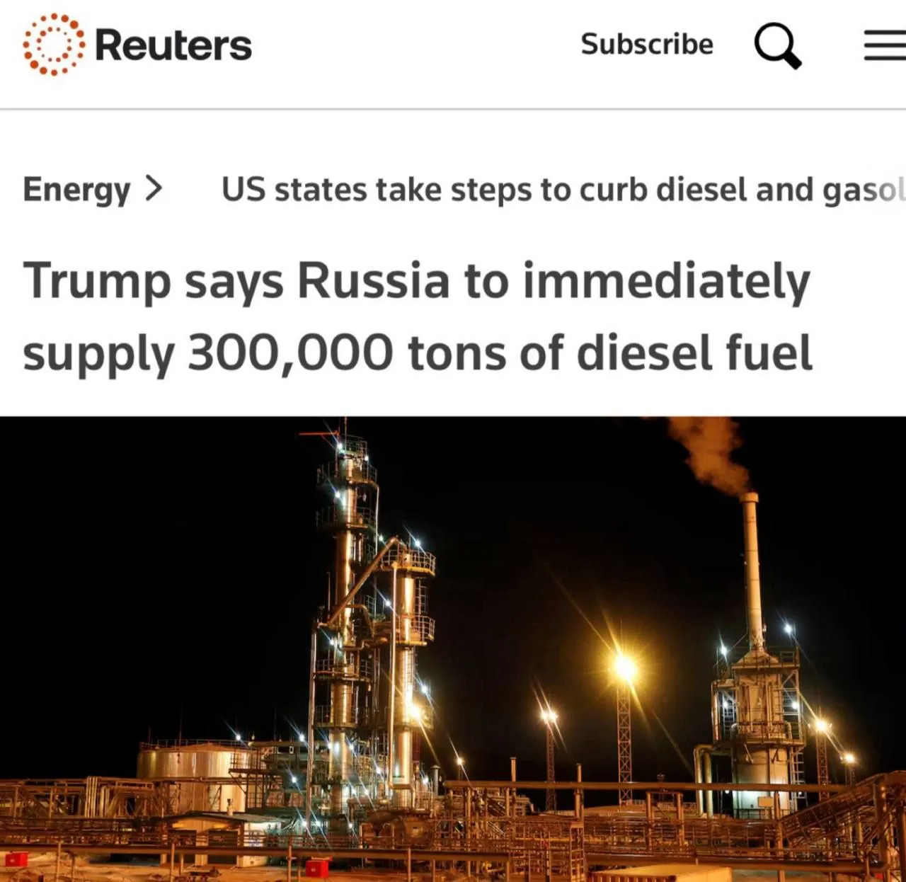 «Трамп заявил, что Россия немедленно поставит 300 тыс тонн дизельного топлива»: США не ...