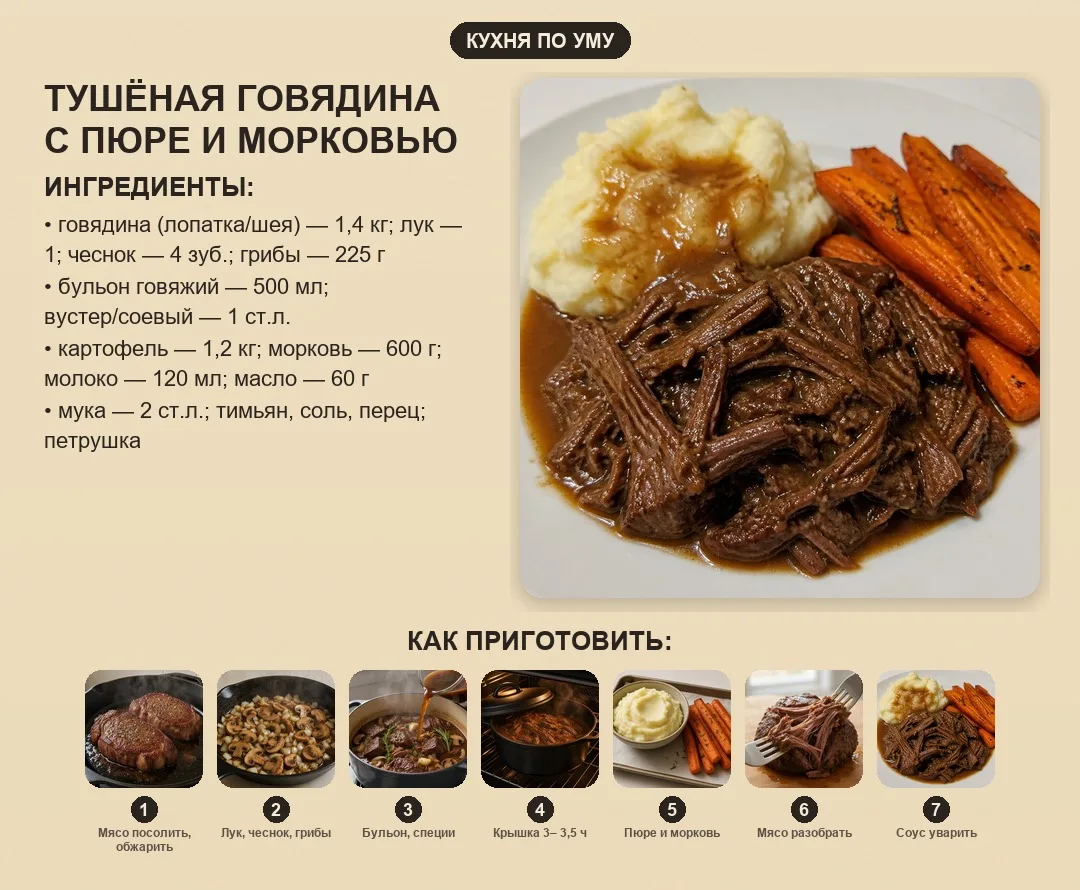Тушёная говядина с пюре и морковью