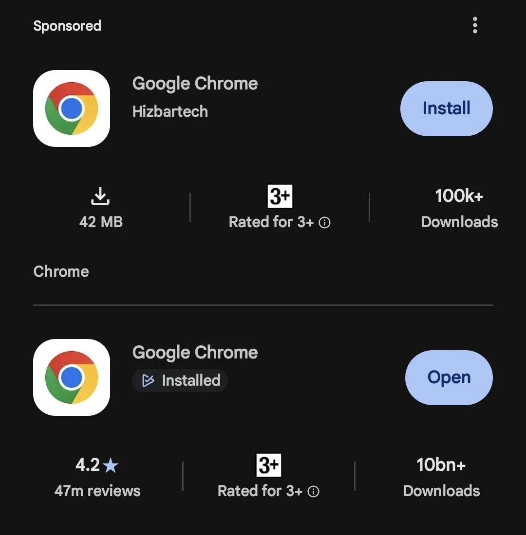 В Google Play нашли фейковый Chrome. Как ни странно, это не вирус!