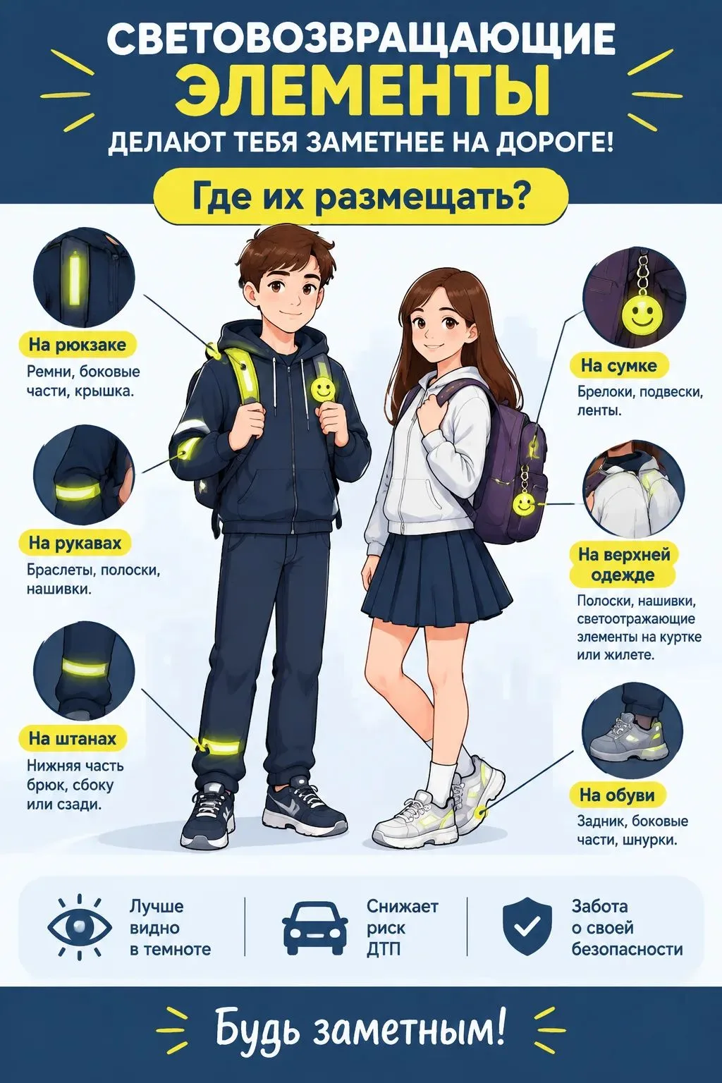 СВЕТОВОЗВРАЩАЮЩИЕ ЭЛЕМЕНТЫ - НЕОБХОДИМЫЙ АТРИБУТ В ТЁМНОЕ ВРЕМЯ СУТОК.