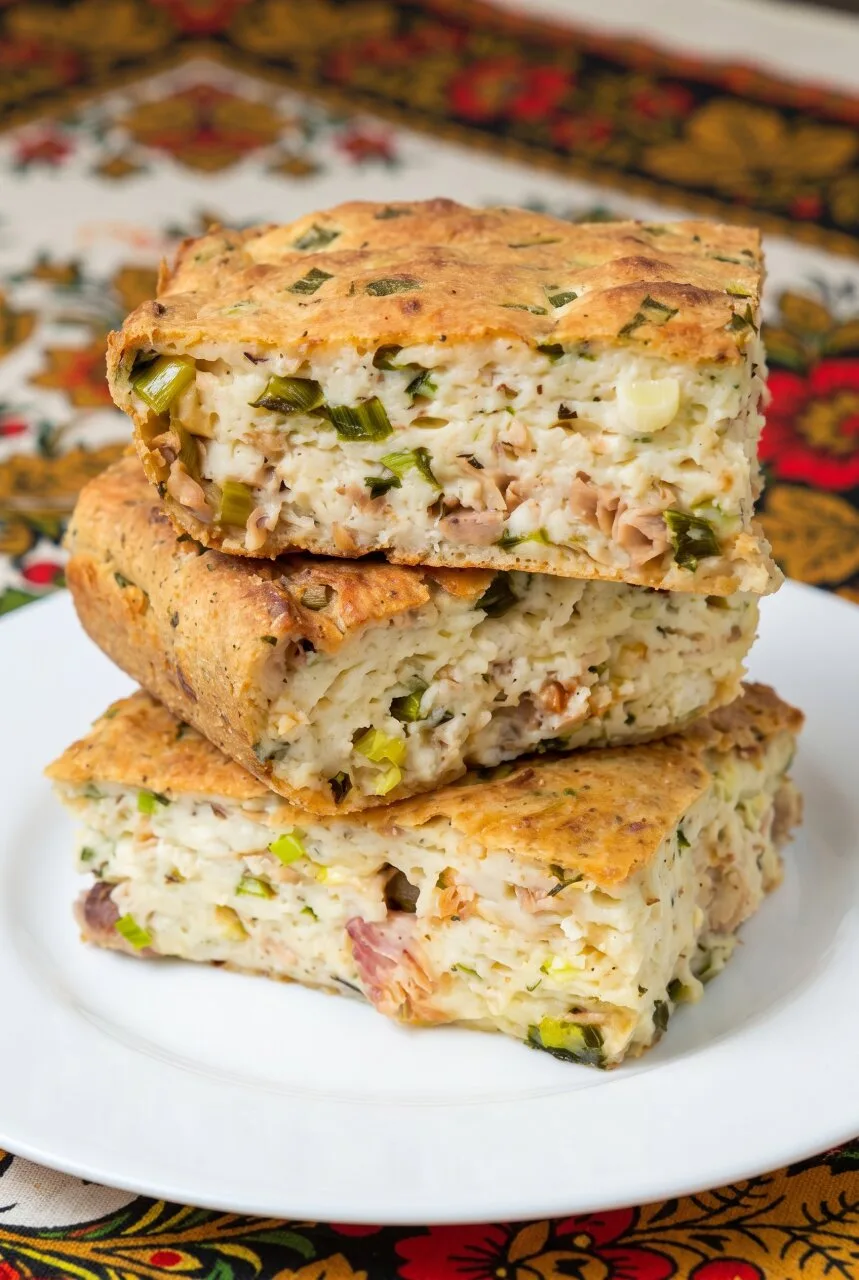 ЗАКУСОЧНЫЙ ТВОРОЖНЫЙ ПИРОГ С РЫБОЙ И СЫРОМ — НЕЖНЫЕ РУМЯНЫЕ КУСОЧКИ С ЗЕЛЁНЫМ ЛУКОМ