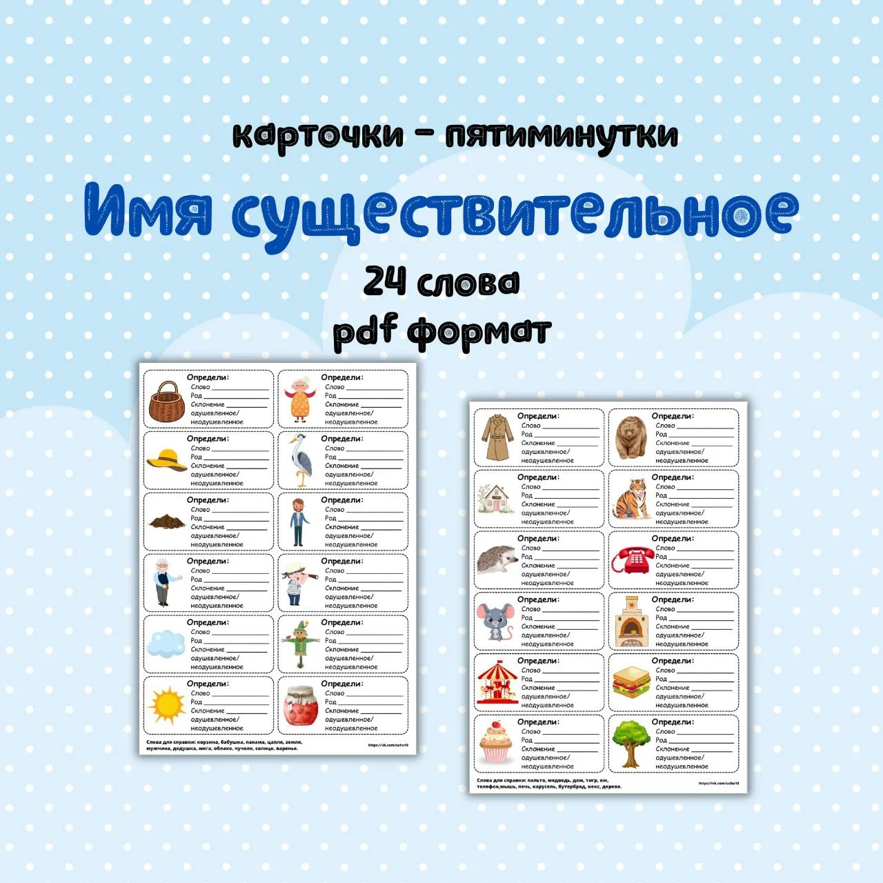 📝 Карточки-пятиминутки для определения некоторых признаков имён существительных