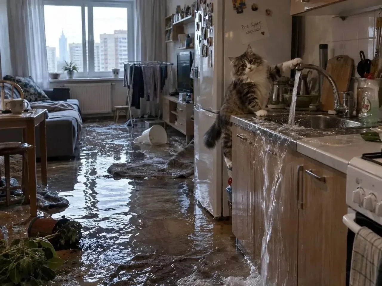 🐈 Кот лапой открыл кран и устроил потоп в своей и соседской квартирах. Ущерб составил ...