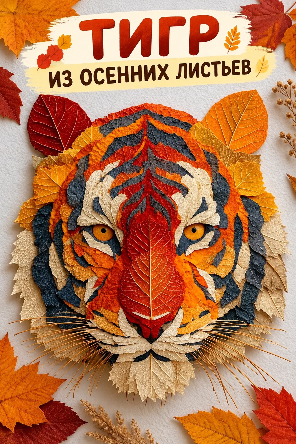 Тигр из осенних листьев — необычная идея для яркого панно из природных материалов.