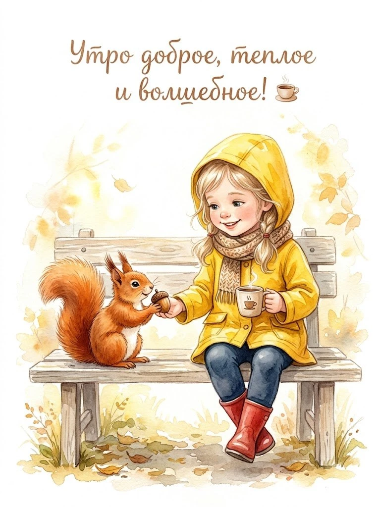 Утро доброе, тёплое и волшебное! Эта девочка в жёлтом плаще уже угощает белочку орешком...