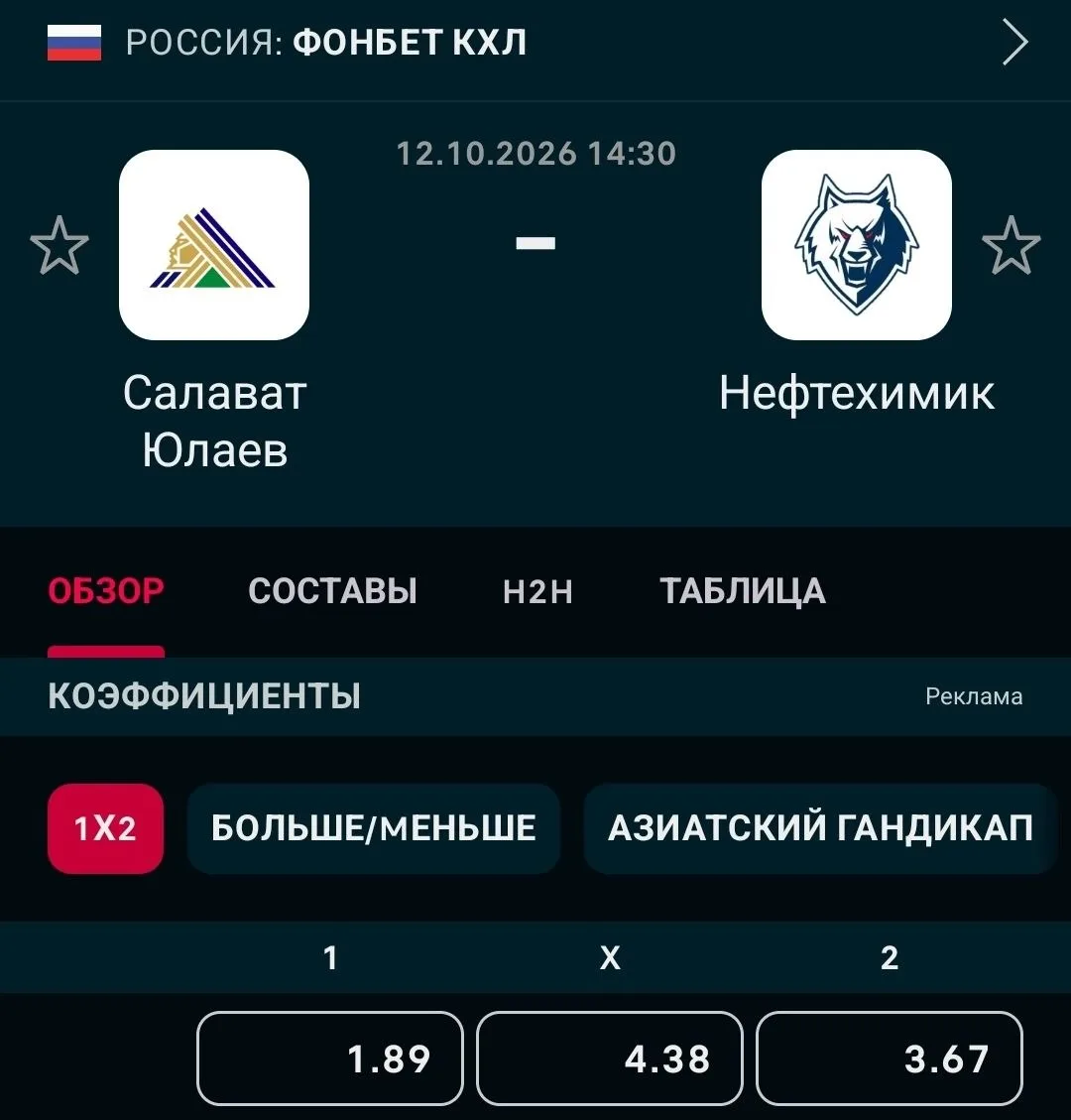 ➡️14:30 Салават Юлаев - Нефтехимик - Ф2(+1.5) Коэффициент: 1.58 или Ф2(0) Коэффициент: ...