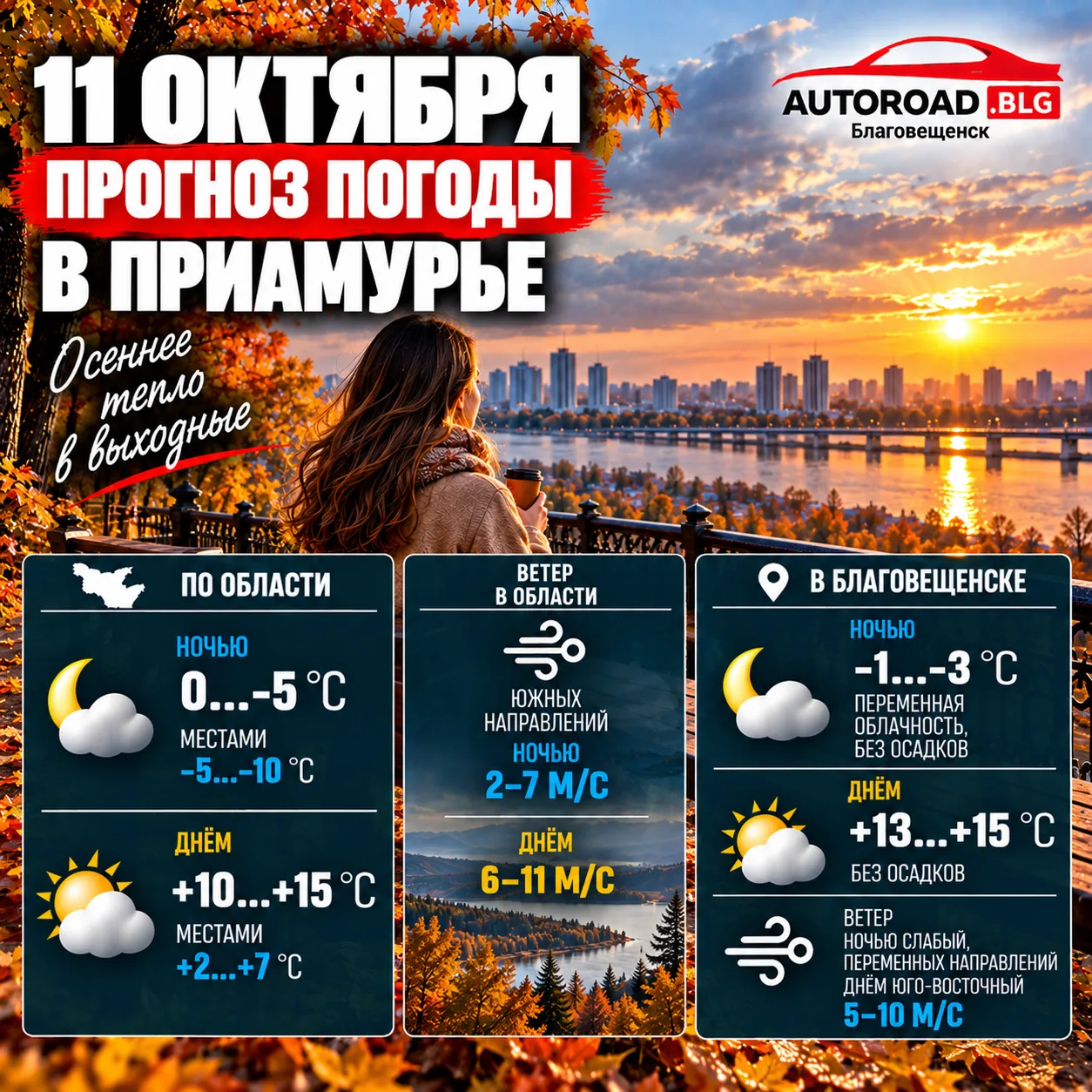 Ночные заморозки и до +15 °С днём: прогноз погоды в Приамурье на 11 октября
