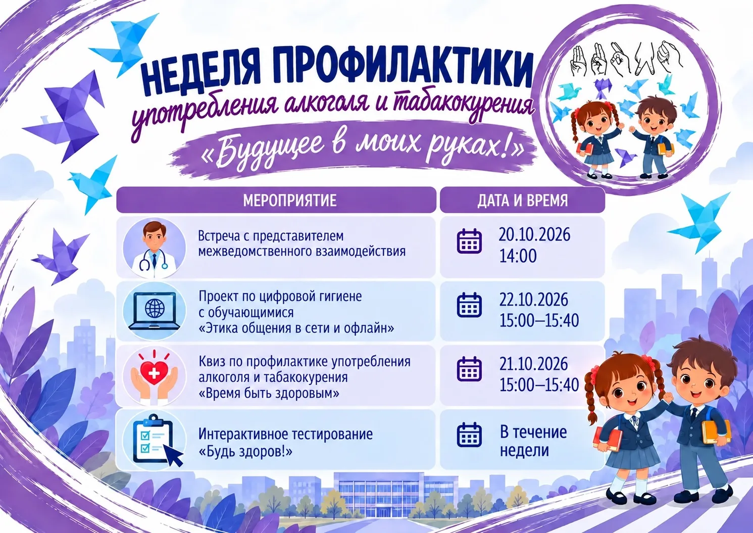 ✨ С 19 по 23 октября в школе пройдёт Неделя профилактики «Будущее в моих руках».