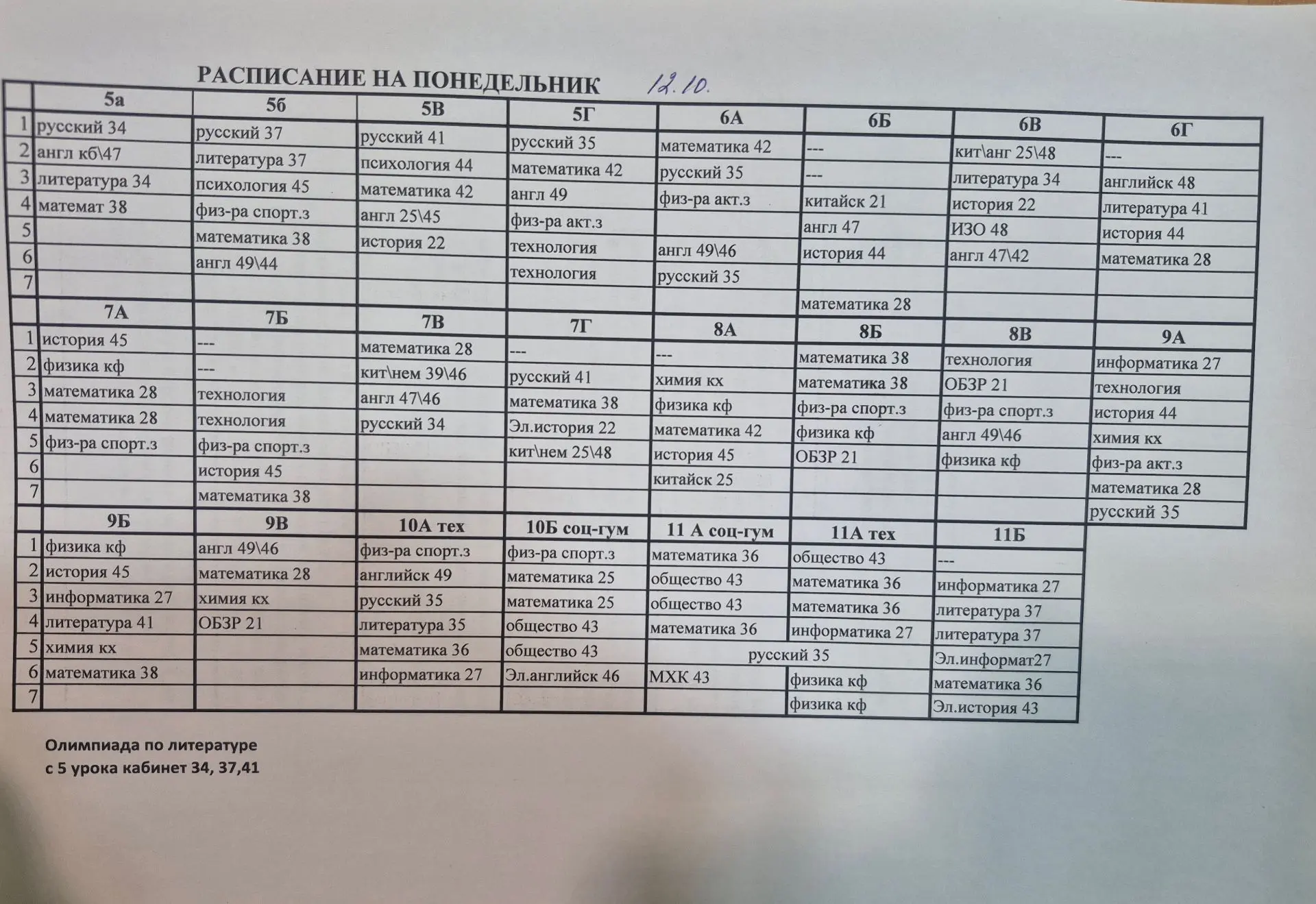 Расписание уроков на 12.10