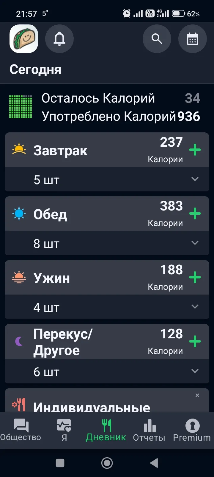 Итог по калориям и ЖБУ за сегодня