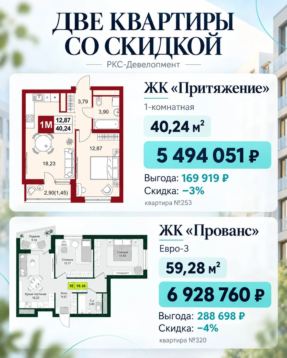 Две квартиры со скидкой от РКС-Девелопмент