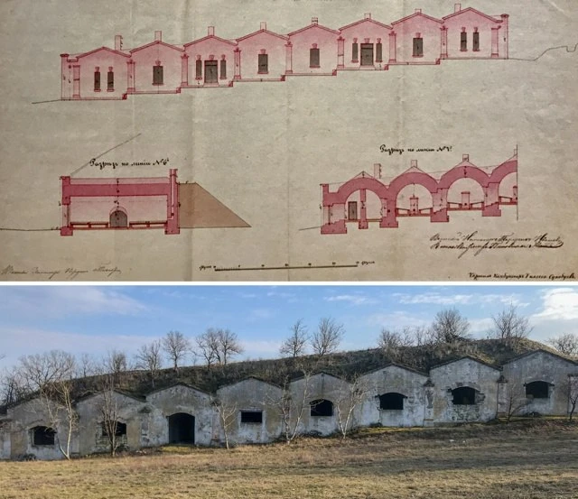 Французская казарма Керченской крепости на проекте 1858 года и в наши дни.