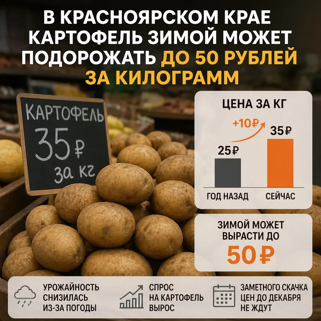 🥔 Картофель в Красноярском крае может подорожать до 50 рублей за килограмм зимой
