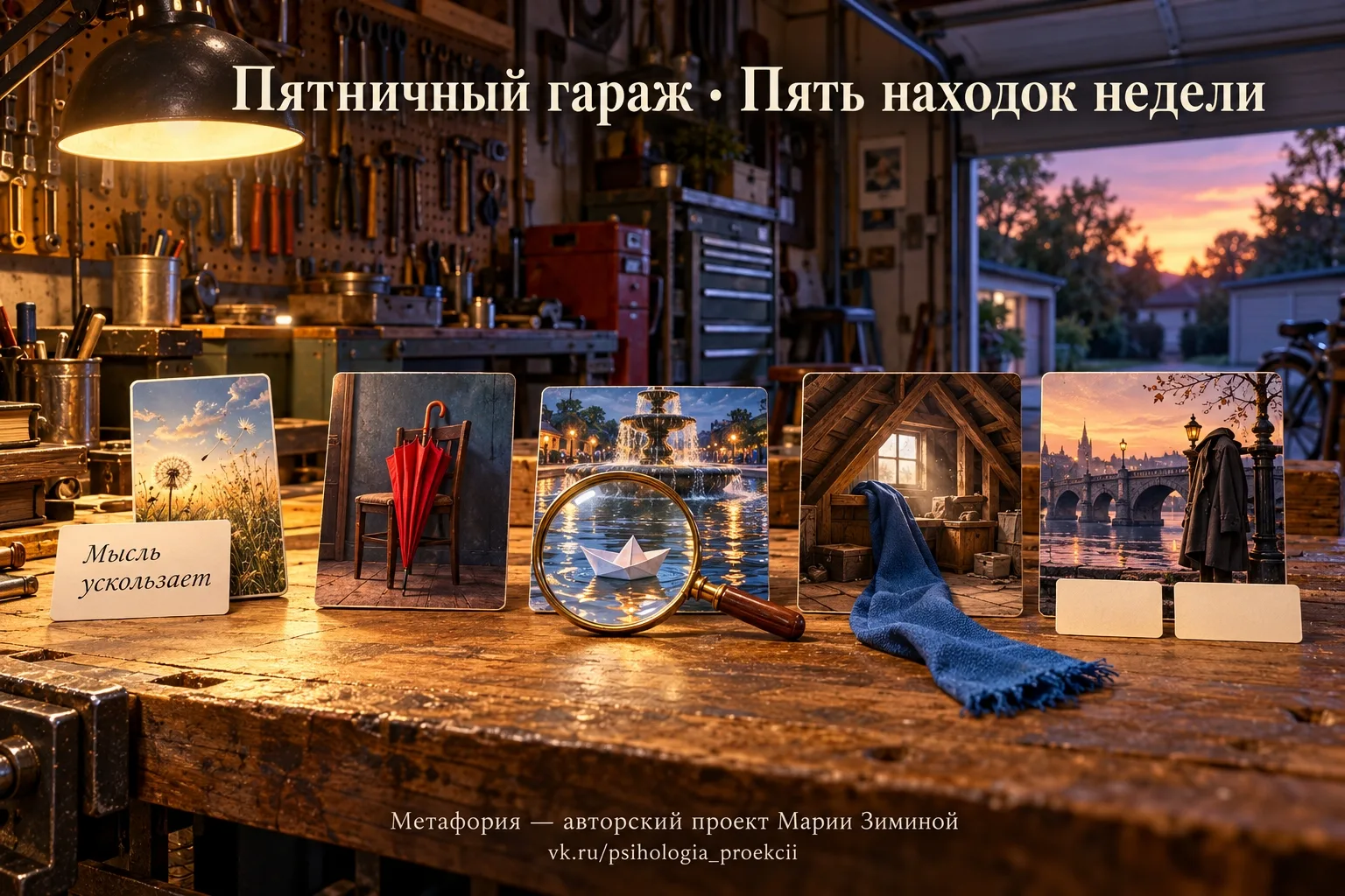 К пятнице на верстаке накопились разные вещи: карточка с незаконченной фразой, красный ...