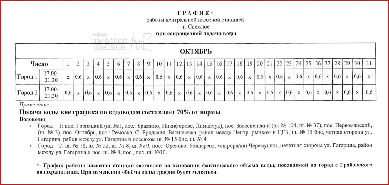 📆 График работы насосных станций в Снежном в период с 01.10.2026 по 31.10.2026.