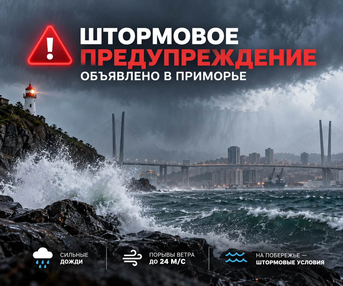 ⚠️ Штормовое предупреждение объявлено в Приморье