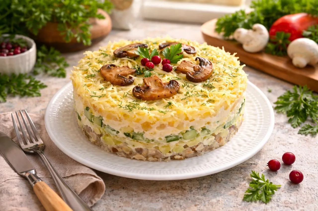 САЛАТ С АНАНАСАМИ, ШАМПИНЬОНАМИ И КУРИЦЕЙ (СЛОЁНЫЙ)
