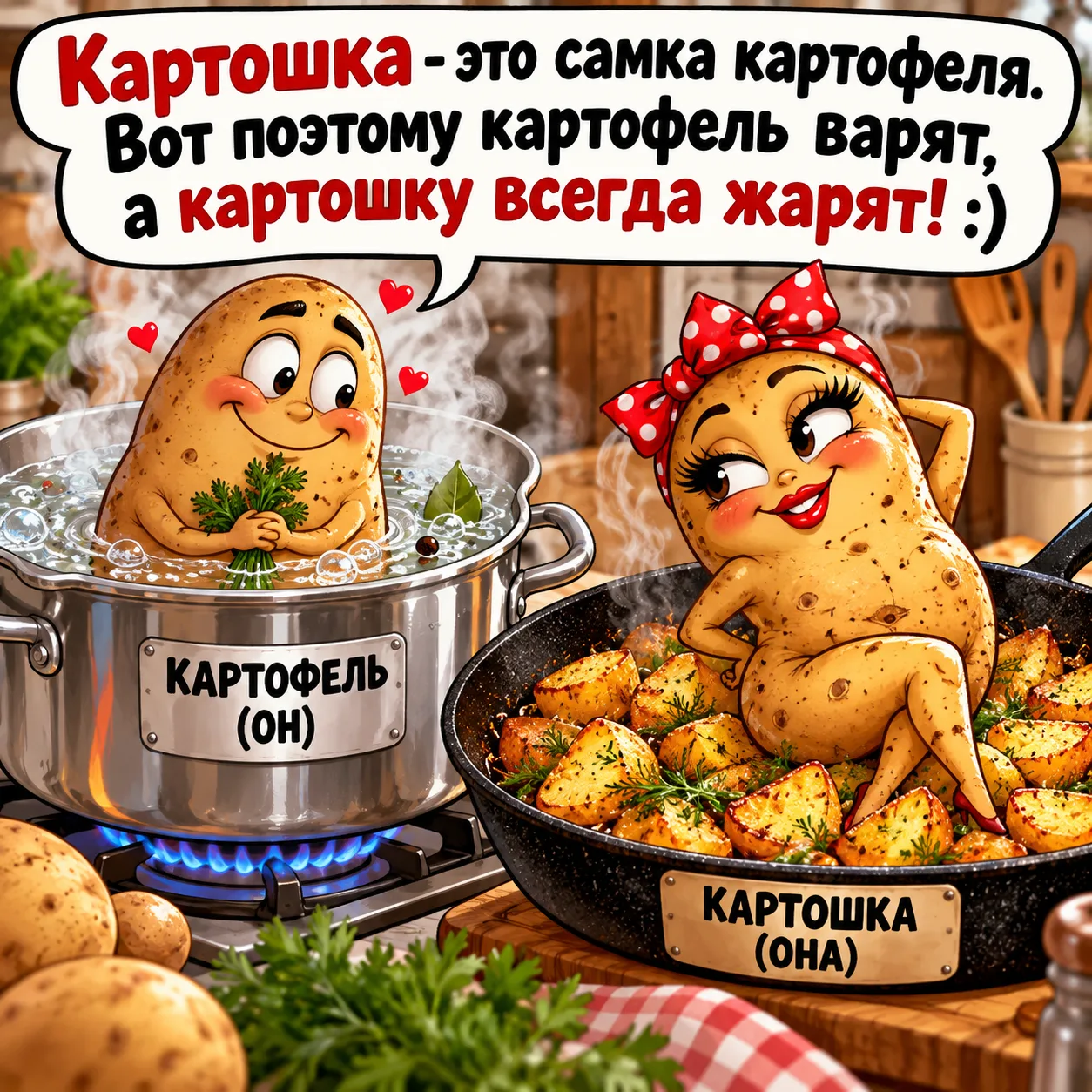 Картошка — это самка картофеля. Вот поэтому картофель варят, а картошку всегда жарят! :)