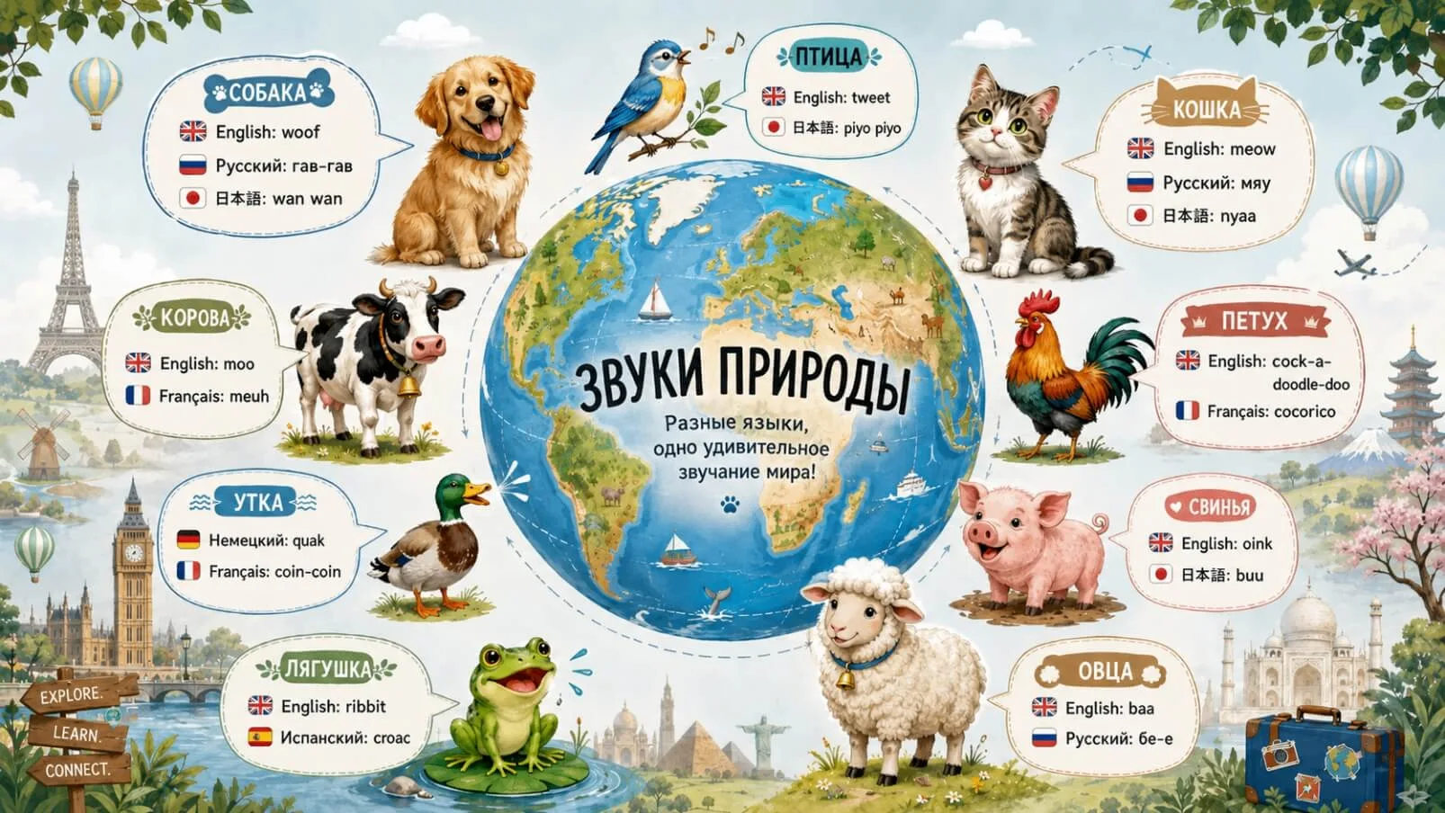 🐶 Российская собака говорит «гав», английская — woof, японская — wan-wan.
