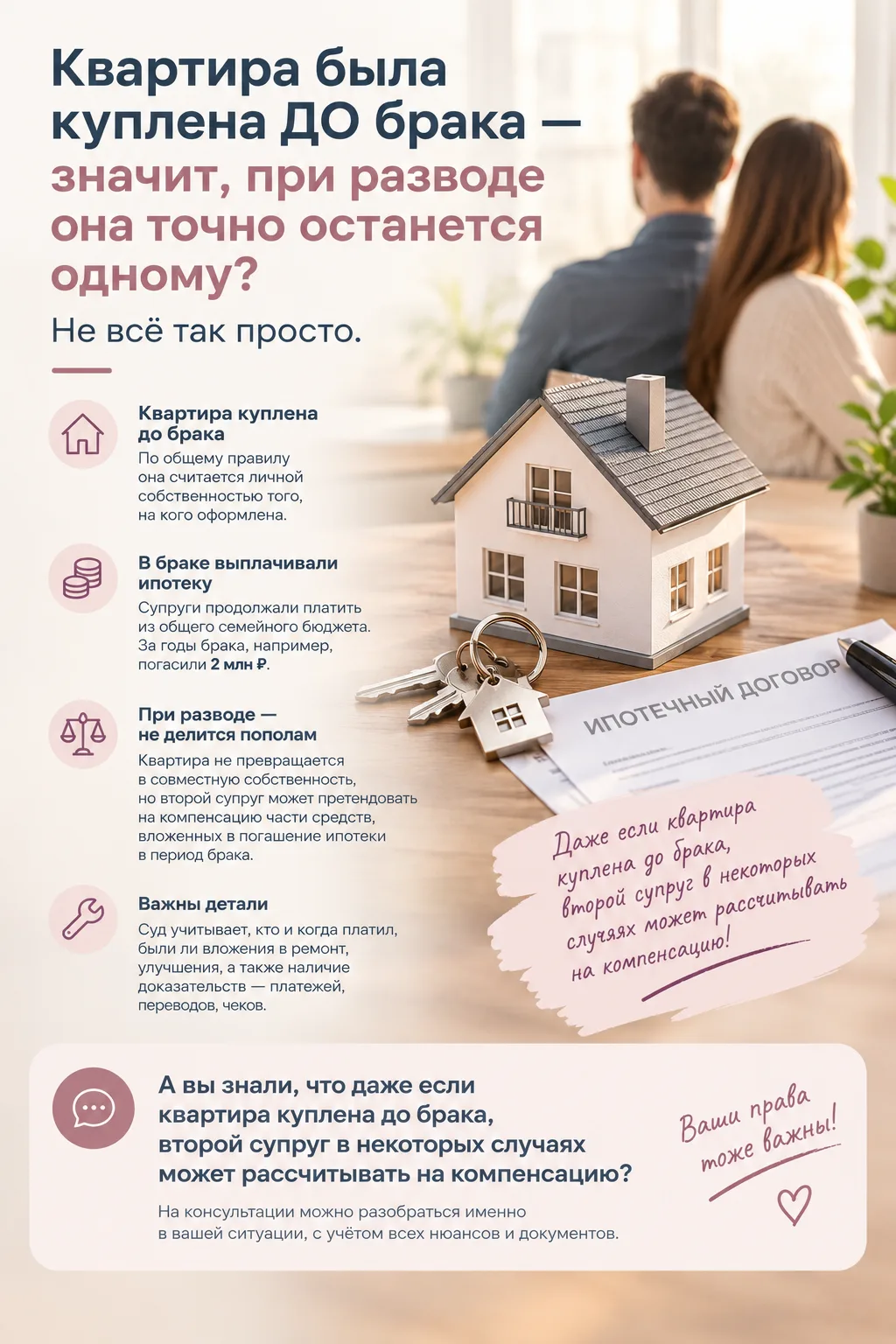 «Квартира была куплена ДО брака — значит, при разводе она точно останется одному?» Не в...