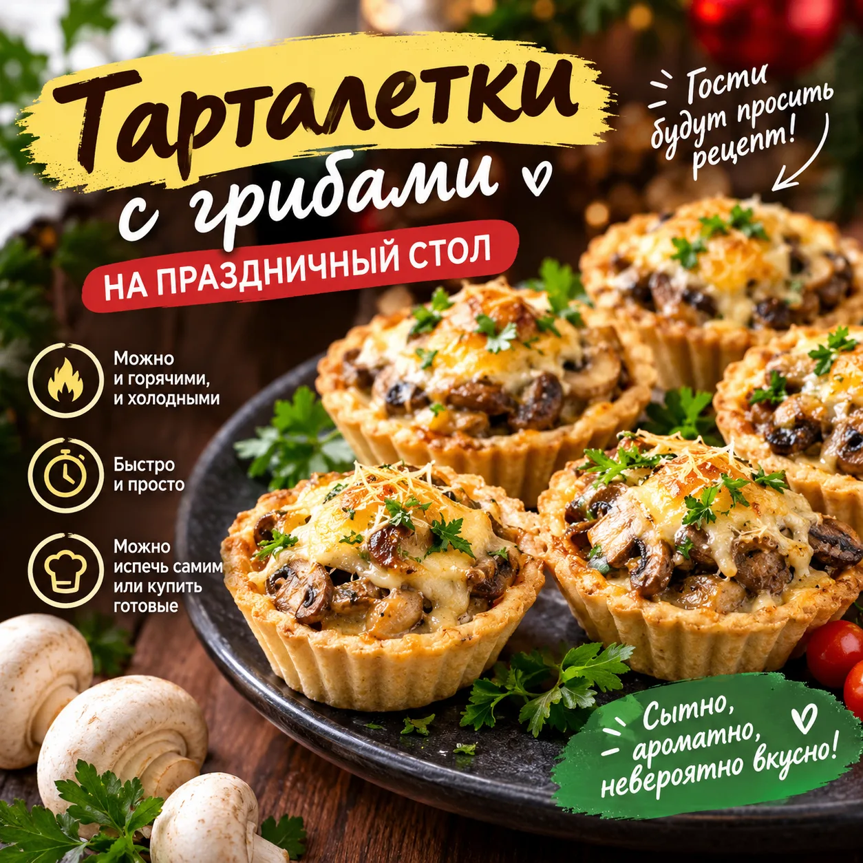 🍄 ГОСТИ БУДУТ ПРОСИТЬ РЕЦЕПТ! Тарталетки с грибами — праздничная закуска, которая исче...